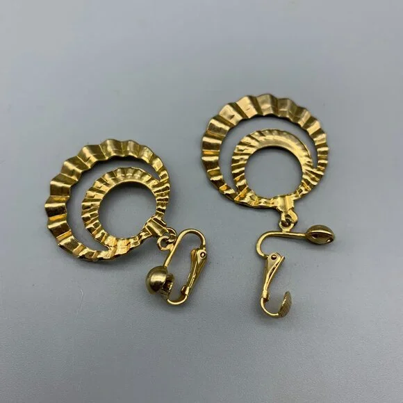 Gold-tone 1 1/4" Double Hoop Earrings with Clip Closure - Picture 2 of 7